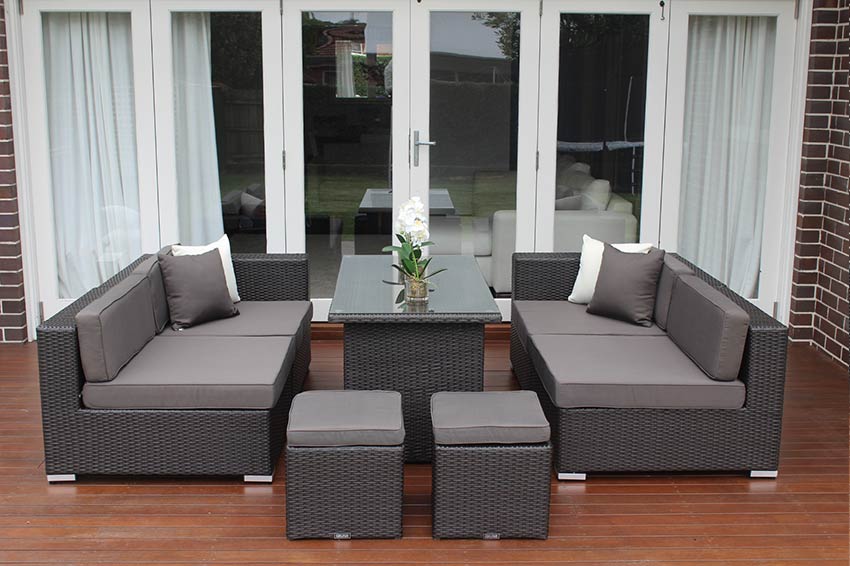 Outdoor black sofa and table set with grey cushions